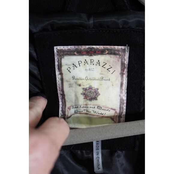 Paparazzi by Biz Black Long Denim Coat Embroidered w/ Gold Tan Intricate Design - Picture 2 of 10